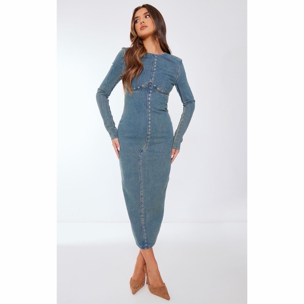 NWT Pretty Little Thing Eyelet Grommet Detail Denim Maxi Dress